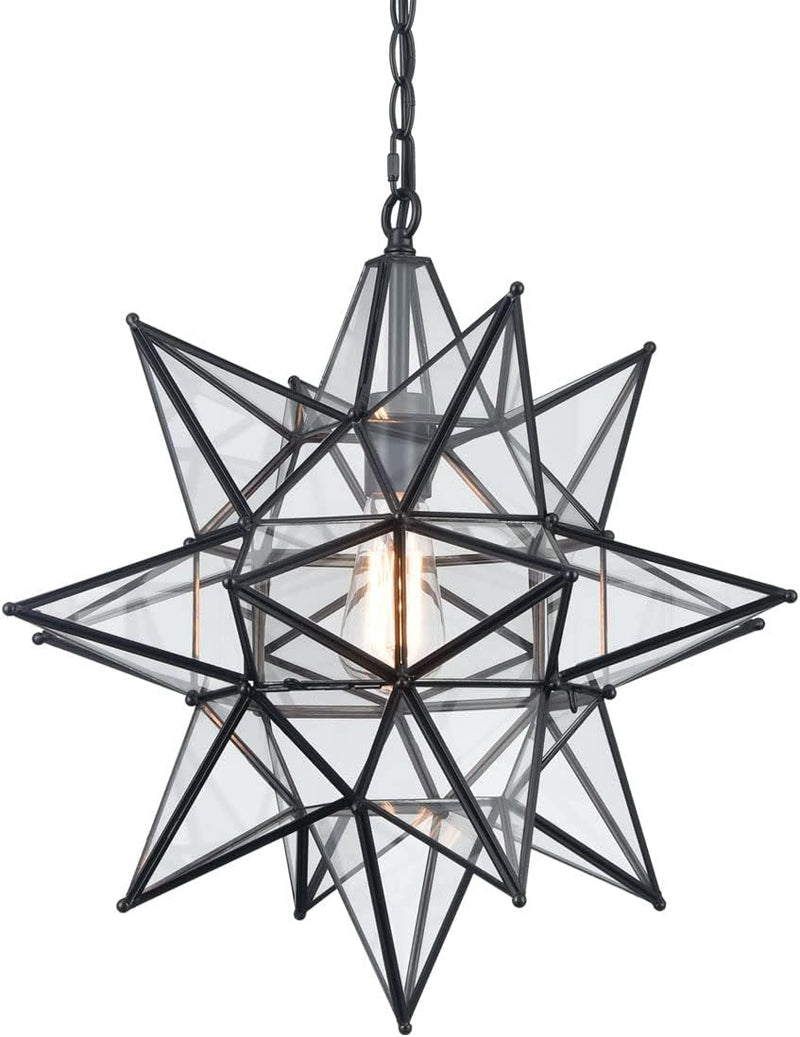 DIRYZON 16“ Modern Moravian Star Pendant Light,Boho Black Pendant Light Fixture,Clear Glass Adjustable Chain