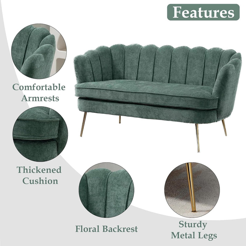 Chenille Small Loveseat Sofa with Gold Metal Legs, 59” Modern 2 Seater Sofa with Flower Backrest, Couch for Living Room Bedroom Office (Green)