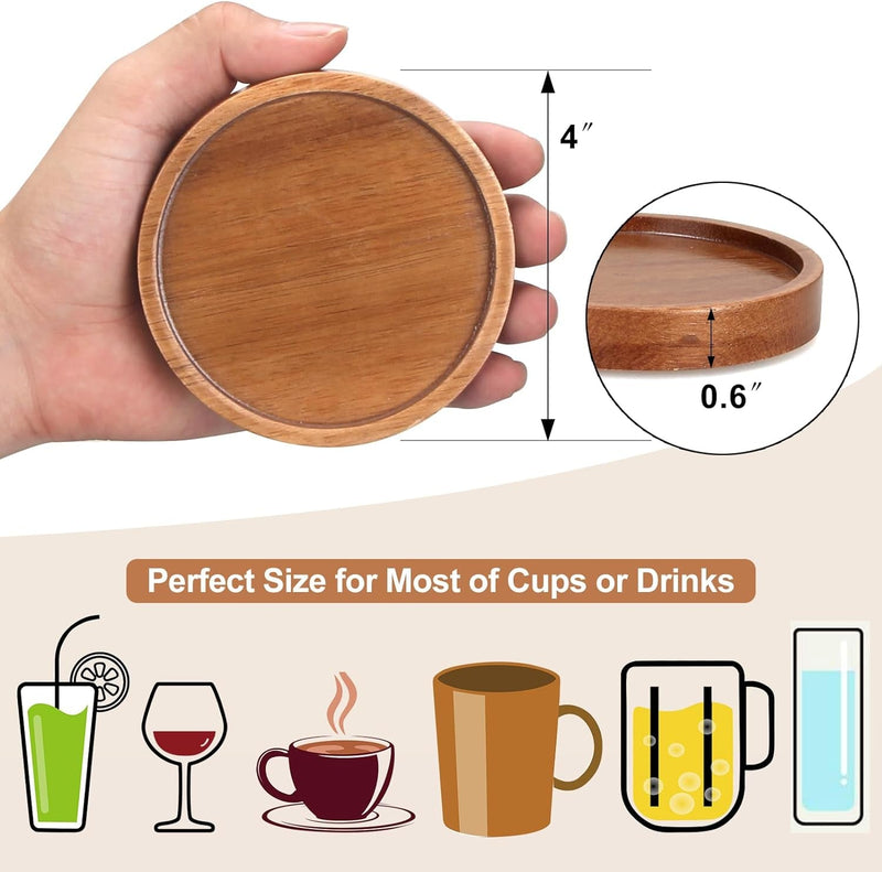 6 Pcs Best Wooden Coasters with Holder Coffee Table Coasters for Drink Acacia Wood Coaster Set Modern Cup Coasters Home Dining Table Decor Cute Beer Bar Coasters Decorative Rustic Outdoor Coasters