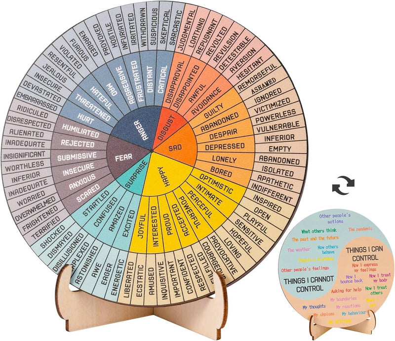 Feelings Wheel Therapy Office Desk Decor - Double Sided Mental Health Office Emotions Chart with Stand, Therapist Gifts for Home Office Women Man