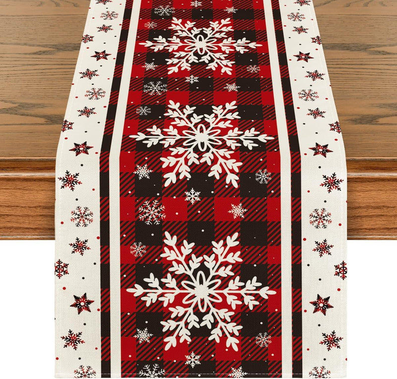 Artoid Mode Buffalo Plaid Snowflakes Christmas Table Runner, Seasonal Winter Kitchen Dining Table Decoration for Home Party Decor 13X72 Inch