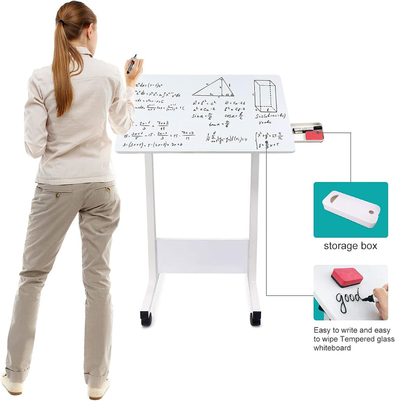 Adjustable Height Standing Desk, Writable Tempered Glass Desktop with Eraser, 360° Flip, Wheels – Ideal for Small Spaces and Home Offices, 24 In, White(Adjustable Height: 32-47 In)