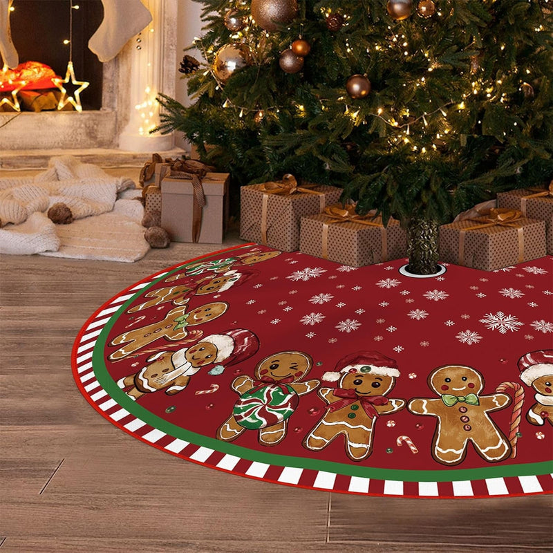 Christmas Tree Skirt 48 Inches, Gingerbread Man Pencil Tree Skirt, Winter Xmas Tree Mat Decorations for Home Party Holiday Decorations