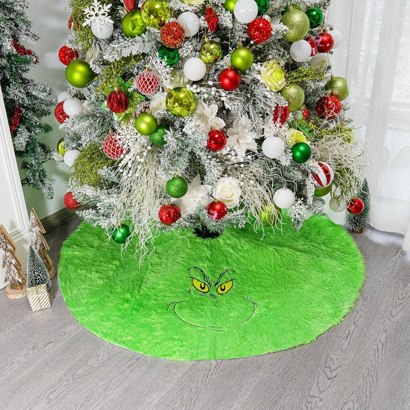 48 Inch Green Christmas Tree Skirt for 6-7 Ft Tree Soft Plush Faux Fur Christmas-Tree-Skirt Funny Velvet Farmhouse Tree Skirt Decorations for Helloween Xmas Holiday Party