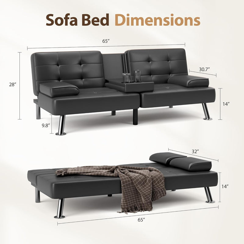 Convertible Folding Futon Sofa Bed Sleeper Couch for Living Room Faux Leather Upholstered Loveseat W/Removable Armrests, Metal Legs, 2 Cup Holders, Deep Black