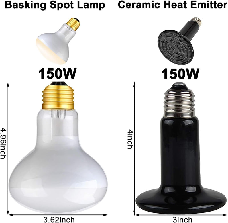 Dual Reptile Light Fixture,Reptile Heat Lamp Fixture with 150W Basking Bulb&Ceramic Heat Emitter,Double Dome Light Fixture Heat Lamp for Lizard,Gecko,Bearded Dragon,Tortoise,Snake,Chameleon