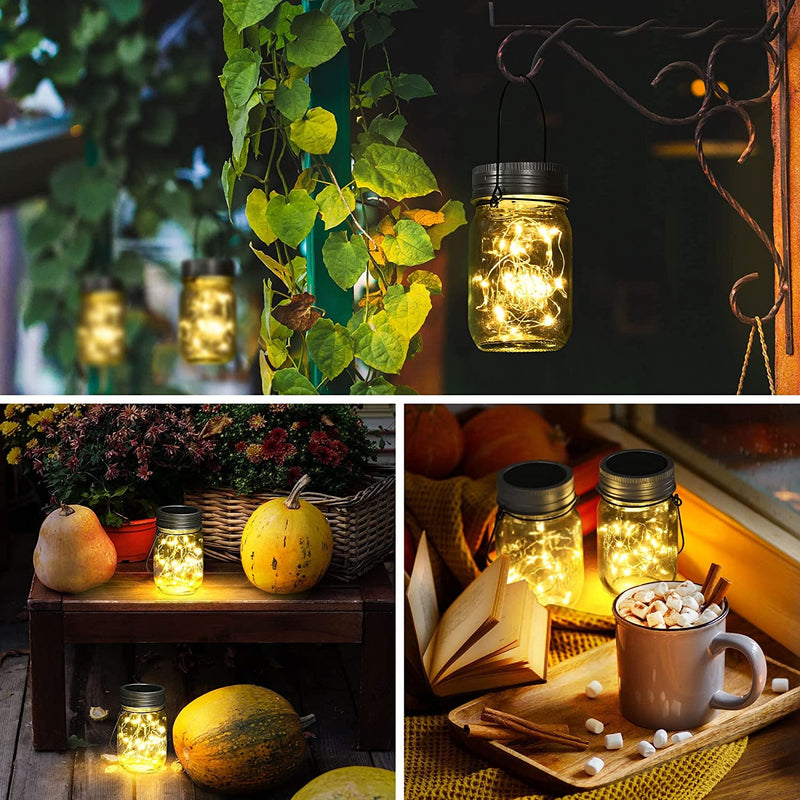 GIGALUMI Hanging Solar Mason Jar Lights, 6 Pack 30 Led String Fairy Lights Hanging Solar Lanterns Outdoor Waterproof, Hangers and Jars Included, Outdoor Decor for Christmas, Wedding, Garden, Patio