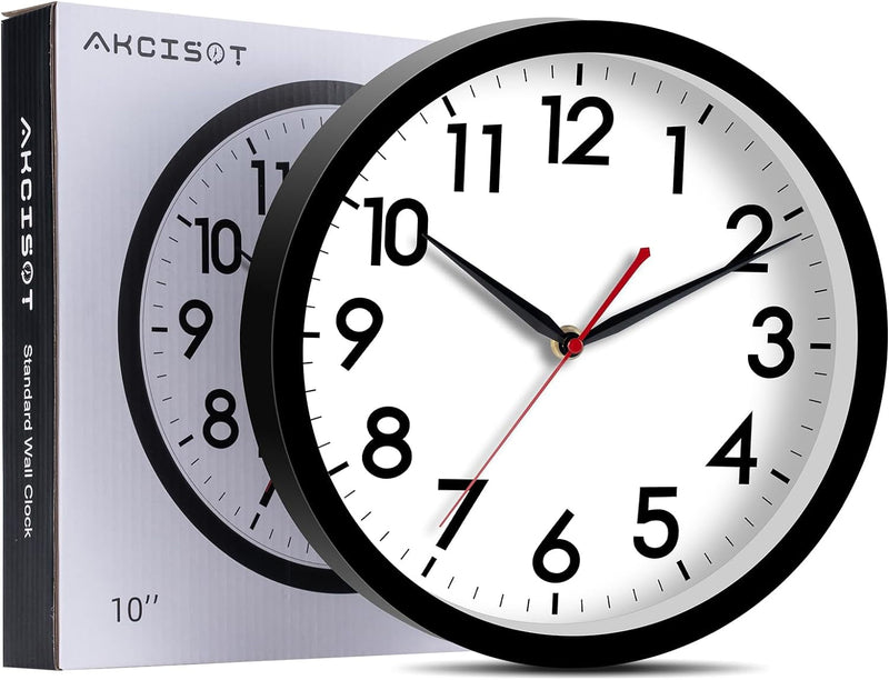 AKCISOT Wall Clock 10 Inch Silent Non-Ticking Modern Clocks Battery Operated - Analog Small Classic for Office, Home, Bathroom, Kitchen, Bedroom, School, Living Room(Black)