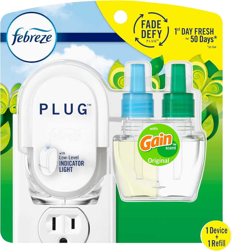 Febreze Plug in Air Fresheners for Home, Air Freshener Plug In, Gain Scent, Odor Fighter for Strong Odors, 1 Warmer + 2 Oil Refills