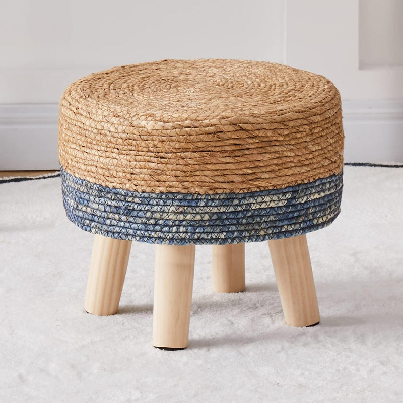 Cpintltr Foot Stool Natural Seagrass Hand Weave Poufs round Ottoman for Couch Desk Soft Step Stool Padded Foot Rest with Non-Skid Pine Legs for Hallway Office Lounge Natural