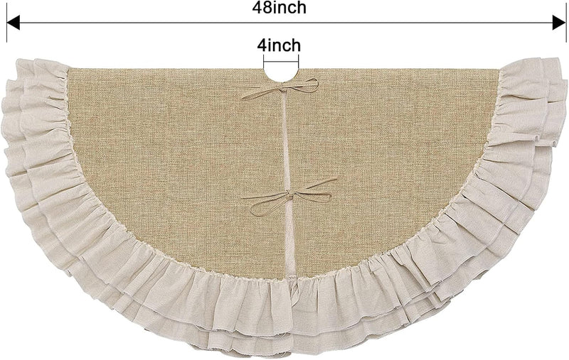 Burlap Tree Skirt 48 Inches, Fall Boho Rustic Christmas Tree Skirt, Xmas Tree Skirt with Ruffle, Farmhouse Christmas Ornaments Decorations