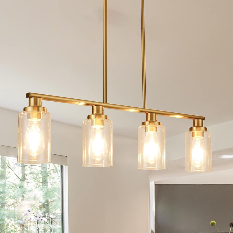 Dining Room Light Fixture,5-Light Farmhouse Linear Chandeliers for Dining Room over Table，Matte Black and Gold Finish Kitchen Island Pendant Lighting for Kitchen Island，Pool Table Light