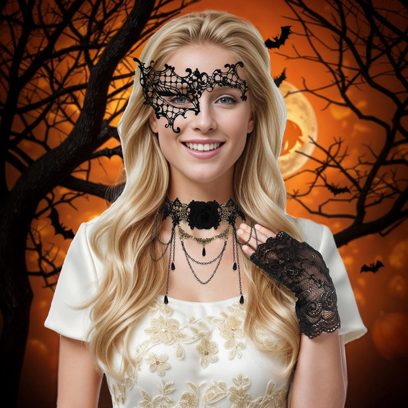 Fumwase 6 Pcs Eyemask Set Party Mask Set for Women Black Lace Eyemask Necklace Gloves Set Cosplay Halloween Accessories