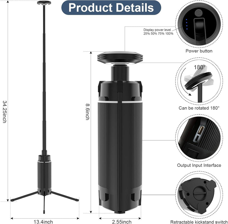 Camping Lantern Rechargeable, Camping Light with Extendable Light Tripod, Tent Lights 3 Lighting Modes with 12000Mah Batteries, Outdoor Waterproof Portable Lanterns for Emergency, Hiking, Camping