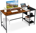 COSTWAY 55” Computer Desk, PC Laptop Desk with Storage Shelves, Large Computer Desk with Splice Board, Adjustable Foot Pads, Industrial Home Office Desk for Writing, Study, Game (Rustic Brown)