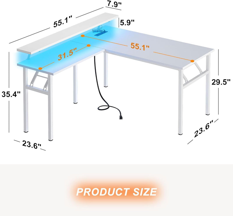 Dlandhome Reversible L-Shaped Desk with Monitor Stand,Led Lighting Computer Desk with Power Outlets,Home Office Table Computer Workstation, White