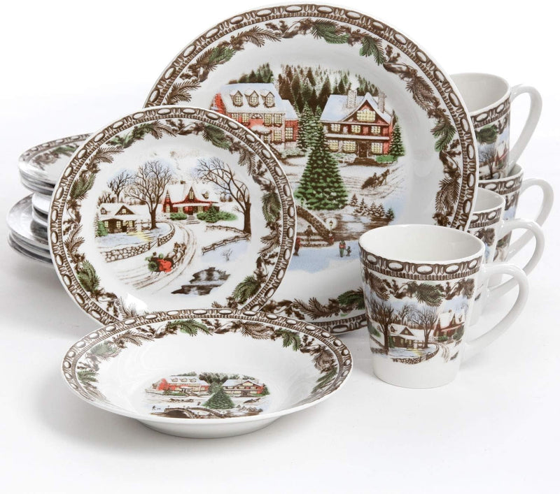 Gibson Home Christmas Toile 16 Piece Dinnerware Set, Multicolor -