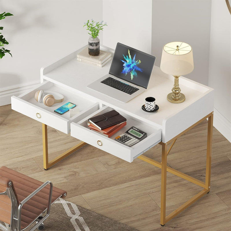 Computer Desk Writing with 2 Drawers Home Office Simple Table Makeup Vanity Gold White Mid-Century Modern Contemporary Rectangular Metal Wood Finish