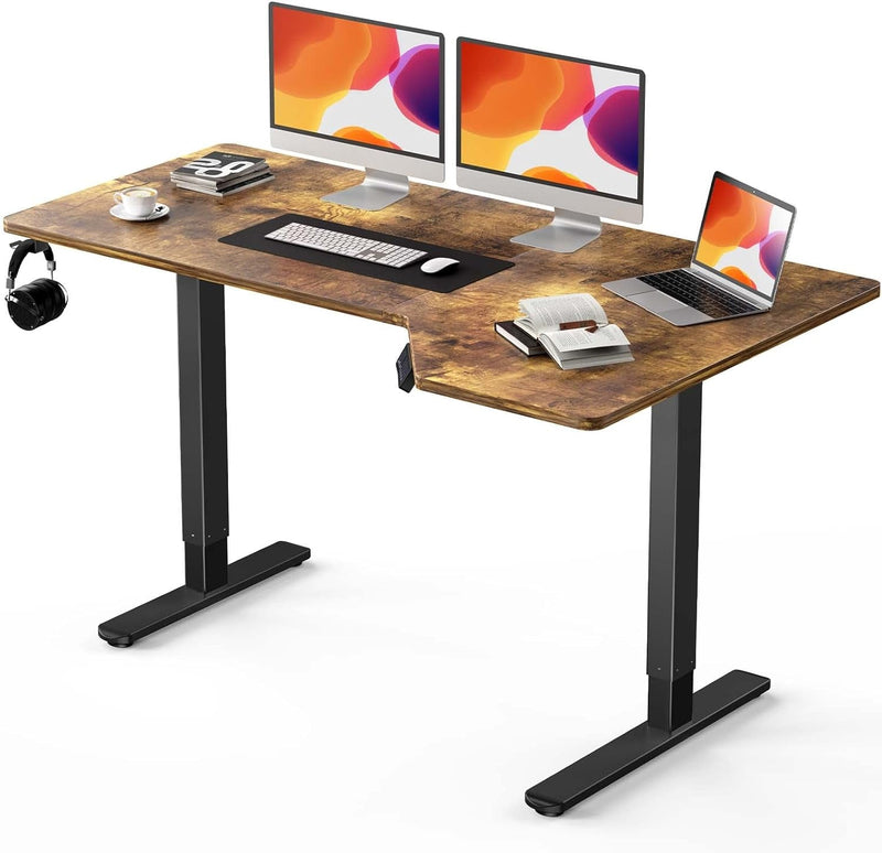 Electric Standing Desk, Height Adjustable Sit Stand up Desk, L-Shaped Memory Home Office Desk with Hook, 55 X 34 Inch, Rustic