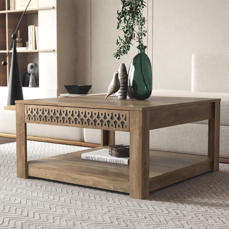 Galano Japtur Coffee Table, Modern Top Rectangular Coffee Table with Storage Drawer, 2 Tier Center Table for Living Room, Office, Balcony, 31.5" D X 31.5" W X 16.34" H, Knotty Oak