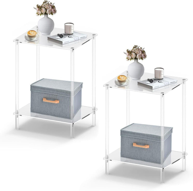 Acrylic Side Table Small Nightstand Bedside Table Clear 2-Tier Modern End Table for Living Room Small Spaces Bedroom Sofa Office Home Decor,Easy Assembly, 15.8'' L X 11.8'' W X 20'' H (1 Pack)