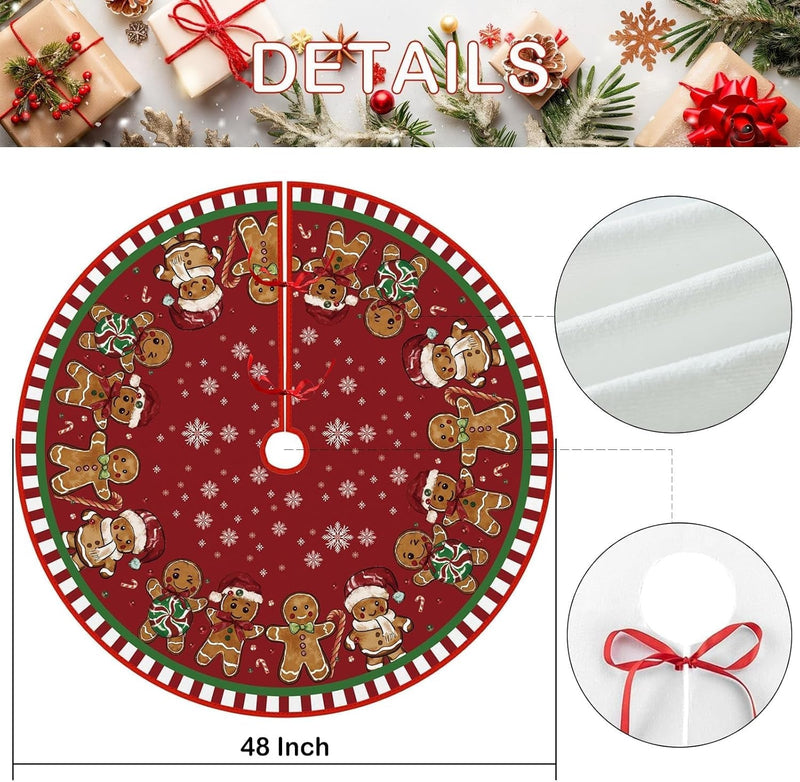 Christmas Tree Skirt 48 Inches, Gingerbread Man Pencil Tree Skirt, Winter Xmas Tree Mat Decorations for Home Party Holiday Decorations