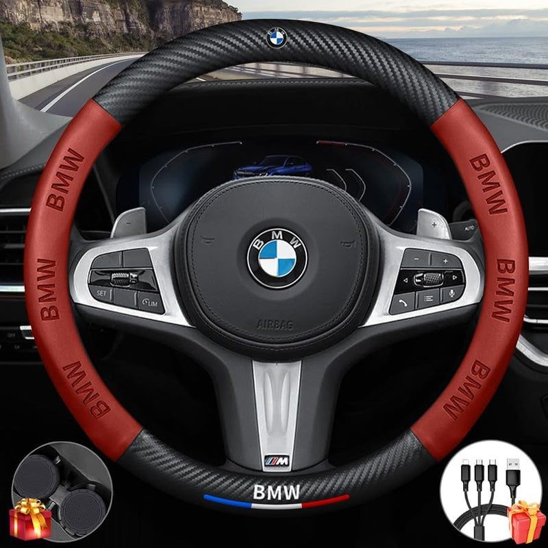 Customized Steering Wheel Cover Compatible with BMW, New Premium Nappa Leather&Carbon Style Car Steering Wheel Protector, with 2 Coasters and USB Fast Charging Cable (Red)