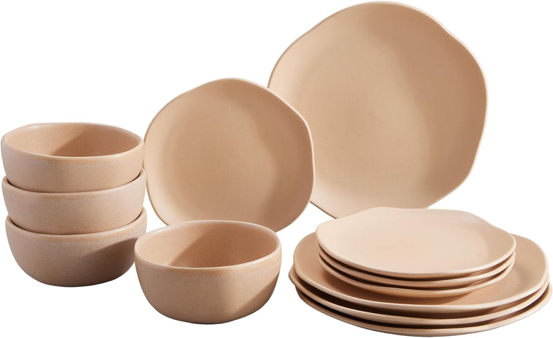 Corona Dinnerware Set 12–Piece, Plates and Bowls Set, Ceramic Sets for 4, Microwave and Dishwasher Safe, Gulupa Reactive Glaze, Bold & Matte Set.