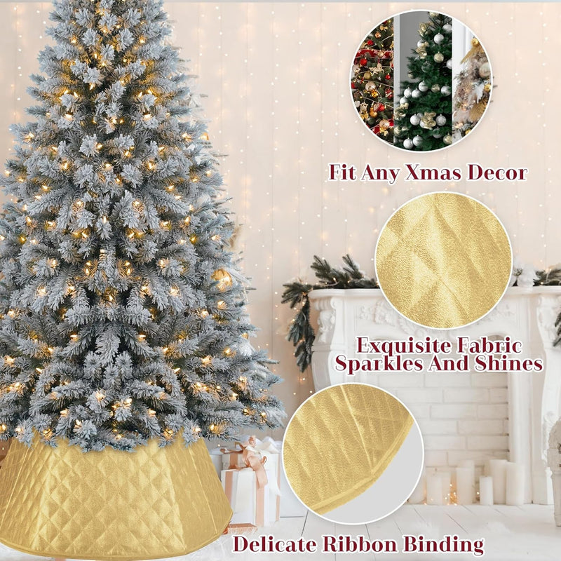 Gold Christmas Tree Collar, 27" Glitter Xmas Tree Collars for Artificial Trees Handmade Christmas Tree Skirt Ring with Diamond Pattern Tree Stand Base Cover for Holiday Home Decorations