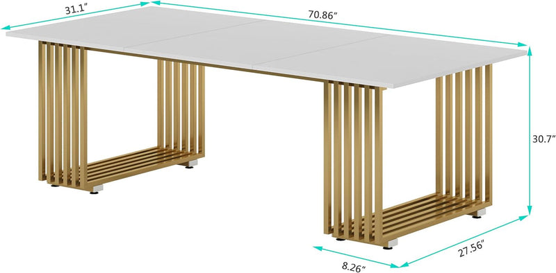 70.9" Large Modern Computer Desk, White Gold Desk with Gold Metal Legs, Large Workstation for Home Office, Study Writing Desk, Small Conference Table for Meeting Room