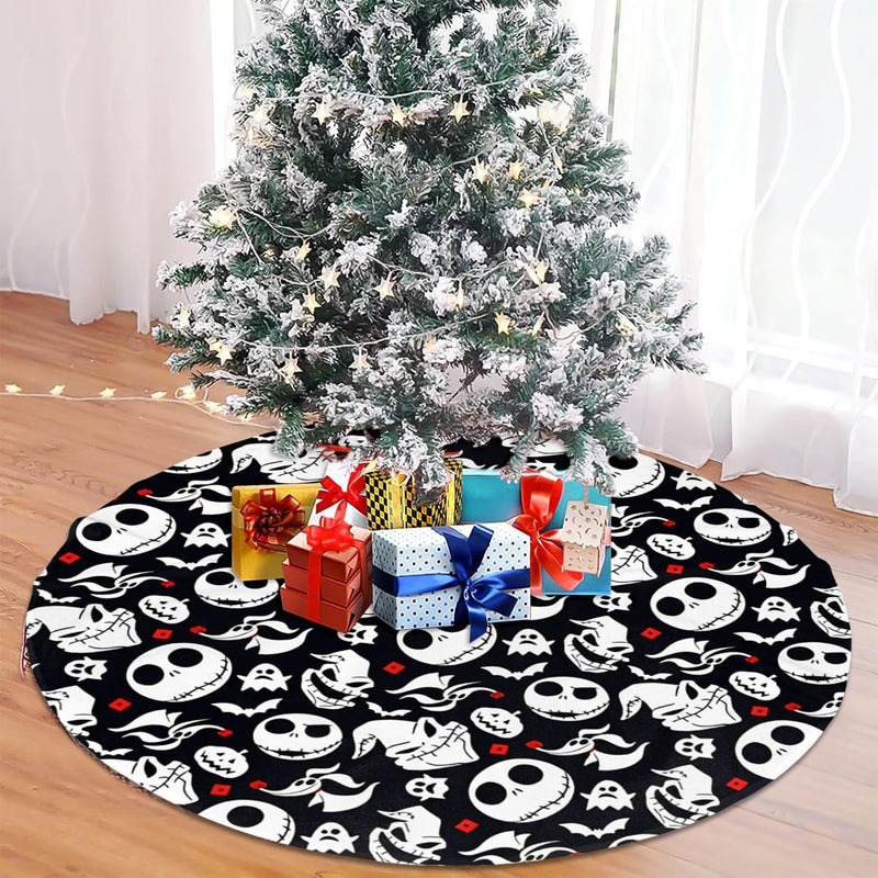 Christmas Halloween Tree Skirt 48 Inch, Christmas Tree Ornaments, Rustic Xmas Tree Skirts Mat for Home Decor Xmas Party Tree Holiday Decorations （Black）