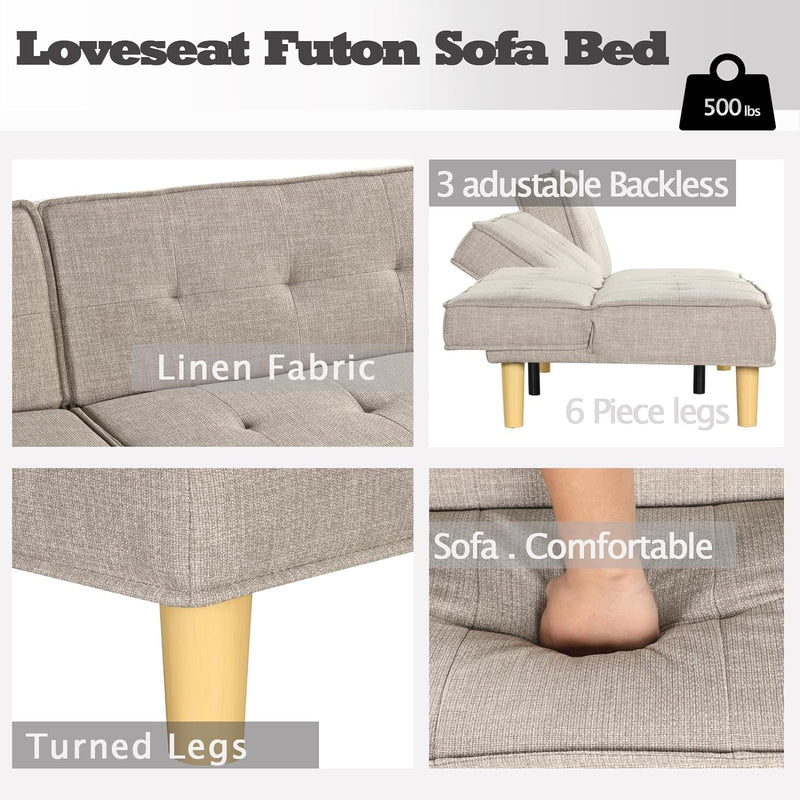 Convertible Futon Sofa Bed, Loveseat Foldable Futon Couch Adjustable Backrest, Small Futon Couch for Living Room, Small Space, Apartment, Beige Fabric 307BG