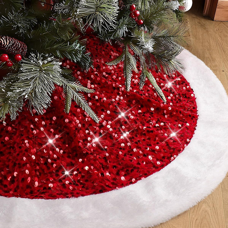 Christmas Tree Skirt, 48 Inches, Sparkling Red Sequin with White Faux Fur, for Xmas Holiday Home Decorations Christmas Decor (48 Inches)