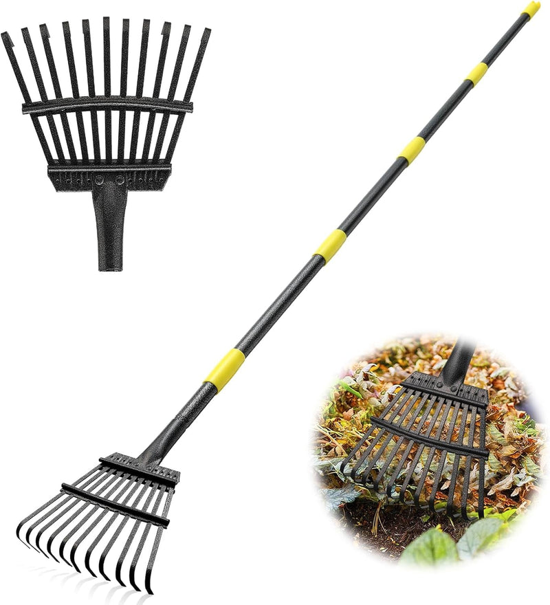 Garden Rake -Small Leaves Rakes for Gardening - 11 Metal Tines 8.5" Wide - 78" Long Handle Leaf Rakes for Lawns Heavy Duty for Yard Lawn Shrub Garden Beds