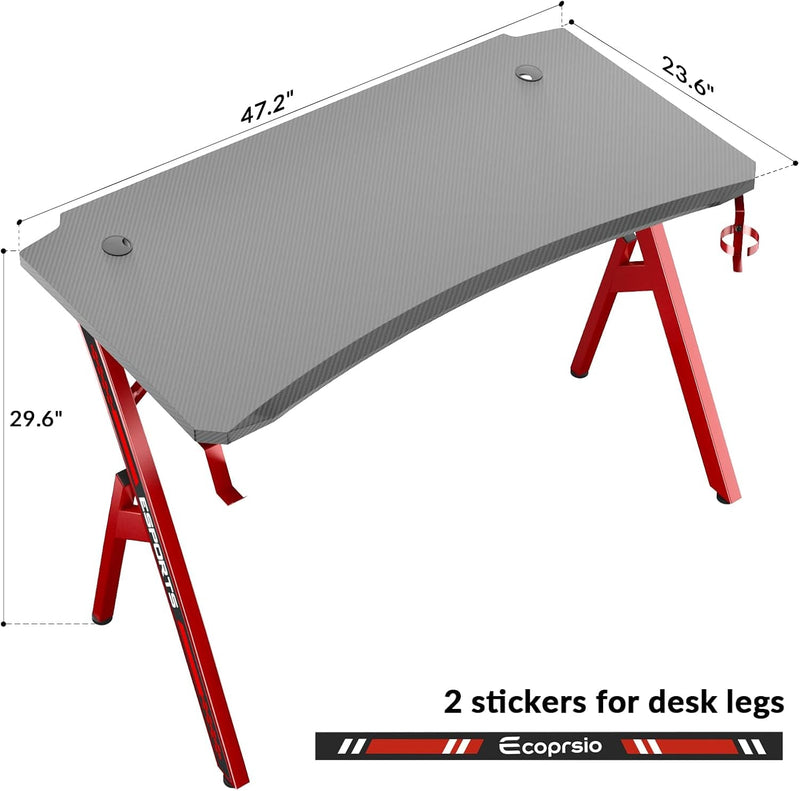 Ecoprsio Gaming Desk, 47 Inch Gaming Computer Desk with Carbon Fiber Desktop, Large Y Shaped Gamer Desk with Cup Holder and Headphone Hook, 47.2'' Game Table for Gamer Room, Workstation, Bedroom, Red