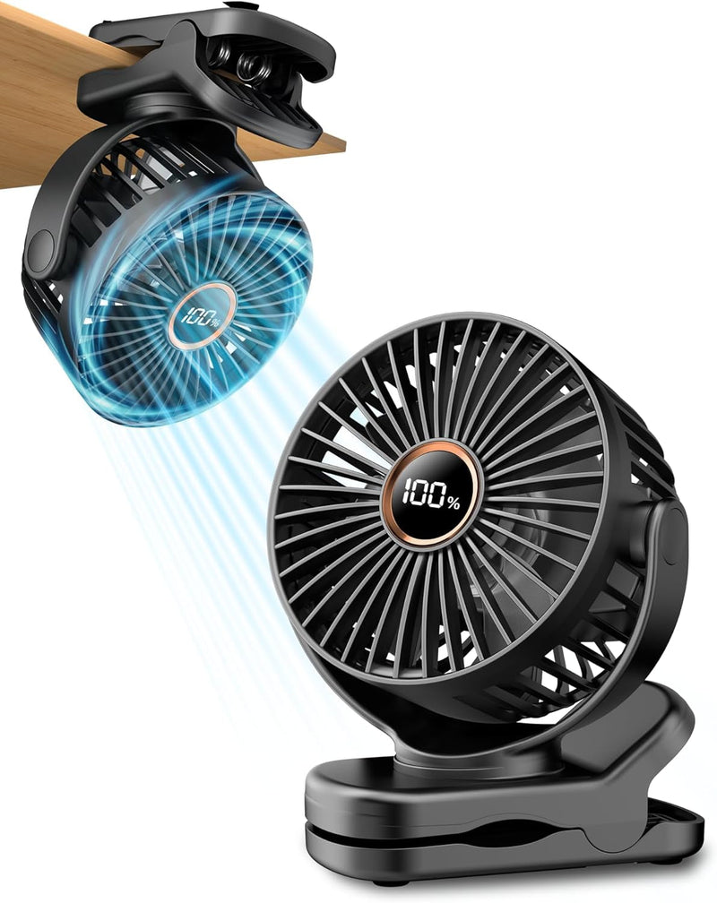 3.5" Rechargeable Clip on Fan, Small Portable Clip Fan with Strong Clamp Grip, 360° Rotation, 3-Speed & LED Display, Quiet Operating Desk Fan Ideal for Bedroom, Office, Gyms, Aqua