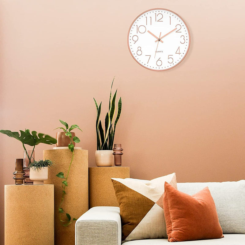 Foxtop Modern Wall Clock 12 Inch Non-Ticking Silent Battery Operated round Quartz Rose Gold Wall Clock for Office Bedroom Living Room Kitchen Home School Decor