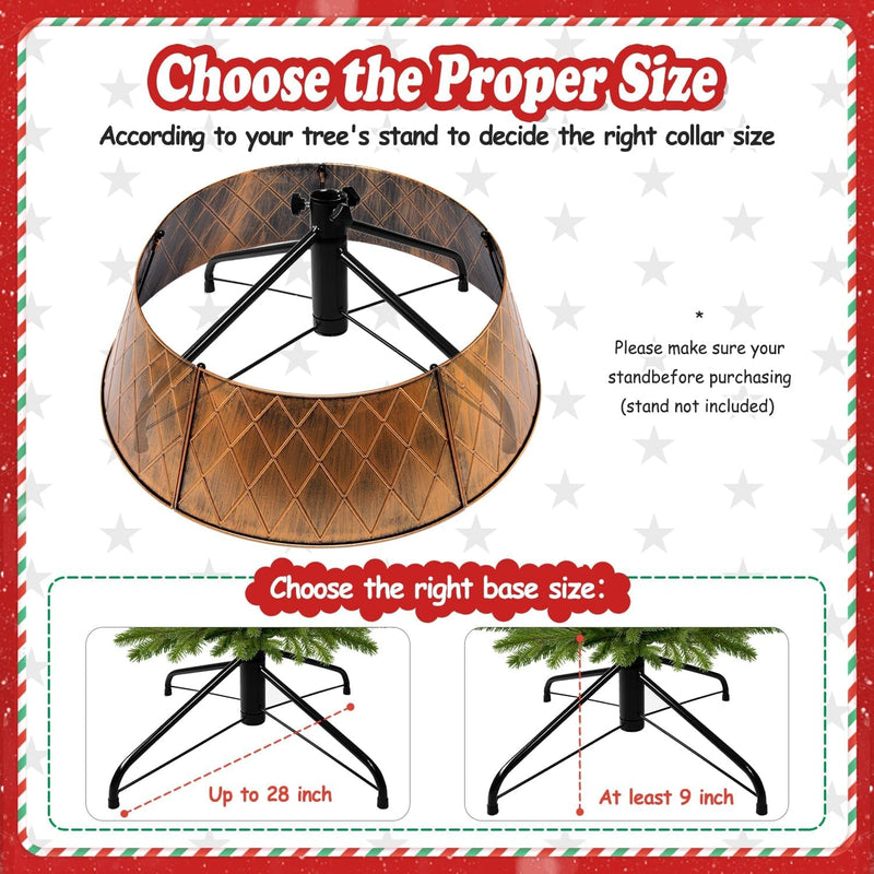 28" Metal Christmas Tree Collar, Christmas Tree Collar Skirt Base Stand for Real or Artificial Trees Christmas Tree Ring Collar Cover for Xmas Holiday - Adjustable (Bronze-Rhombus)