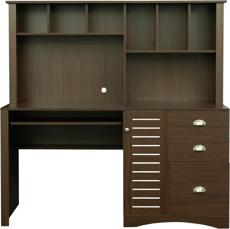 Home Office Desk with Hutch, 59-Inch Writing Study Table with Drawers and File Cabinet