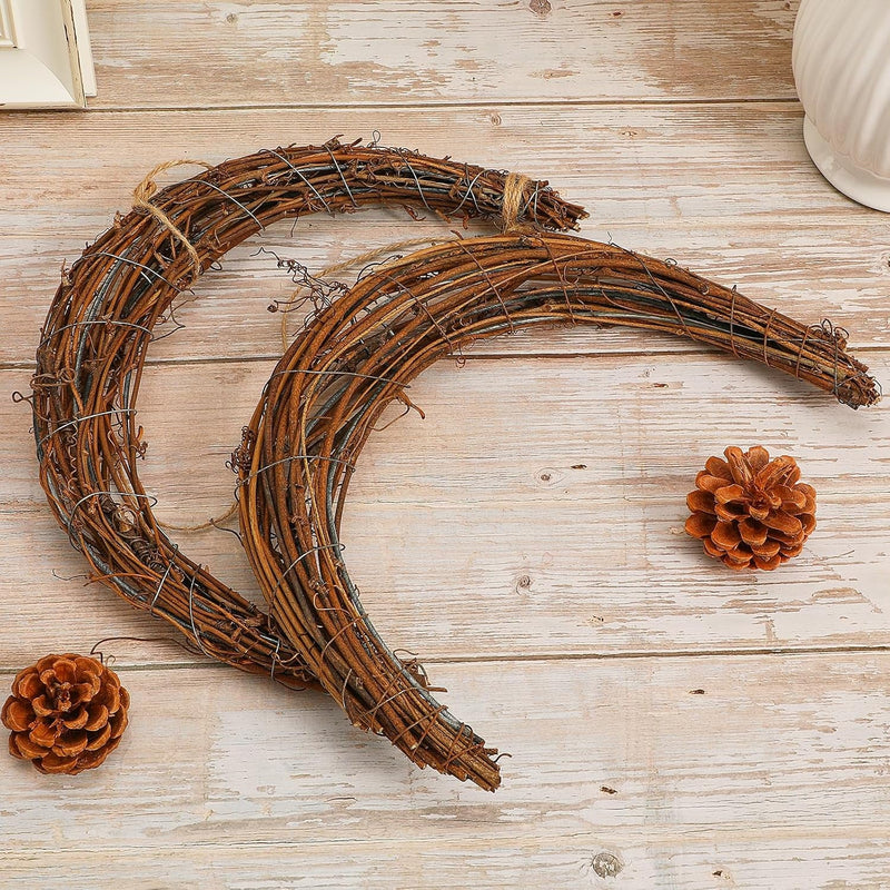 FOMIYES 2Pcs Natural Grapevine Wreath DIY Moon Shape Wreath Hoop Vine Branch Wreath Ring Rattan Wreath Garland 25Cm Flower Arrangement Ring for Front Door Wedding Party Decor