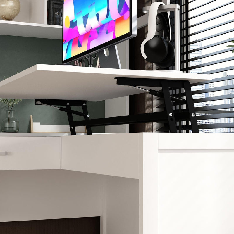 FAMAPY 53" L-Shaped Office Desk with Glass Doors & Drawers, Height Adjustable Office Desk, Corner Computer Desk Modern Executive Desk with Cabinets and Bookshelves, White, 55.1" D X 53.5" W X 70.9" H