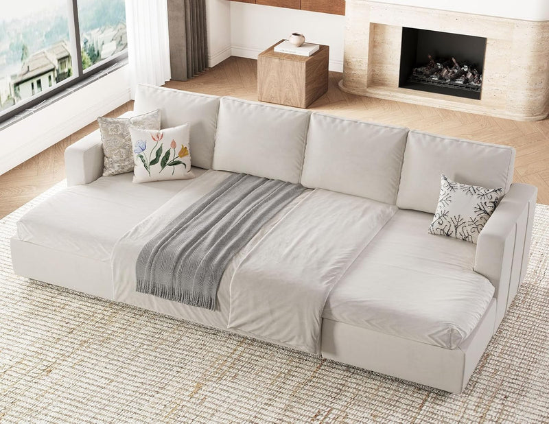 Belffin U Shaped Sectional Sleeper Sofa with Pull Out Bed Convertible Velvet Modular Sectional Couch Bed with Storage Ottoman Beige