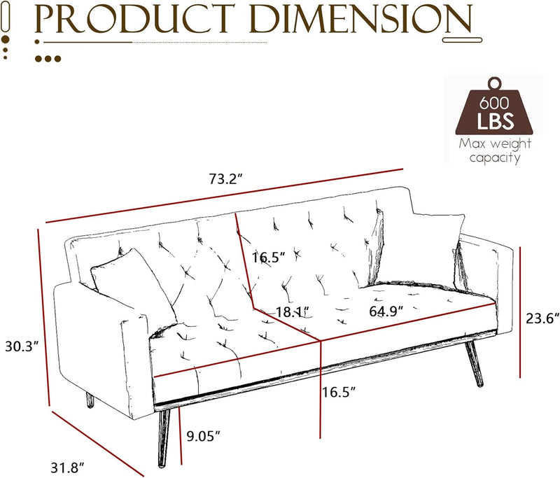 Convertible Velvet Futon Sofa Bed, 73-Inch Sleeper Couch with 3 Reclining Angles, Living Room Loveseat Sofa with Golden Tapered Metal Legs, Black