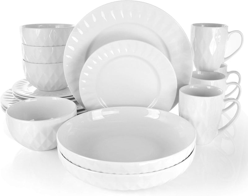 Elama White Porcelain Dish Dinnerware Set, 16 Piece, Camellia