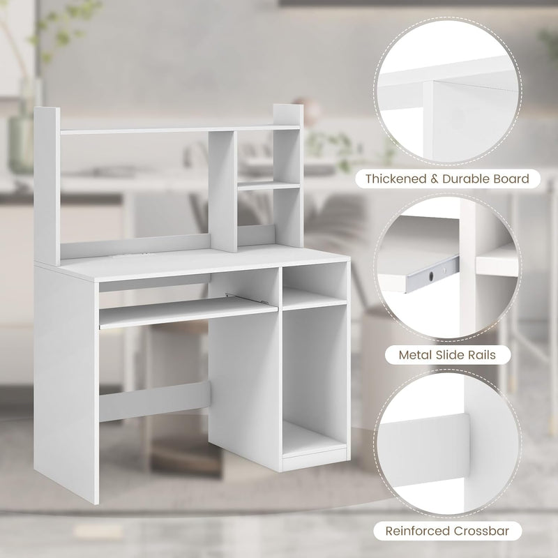 Computer Desk with Power Outlet and Hutch, Home Office Workstation with Bookshelf, Keyboard Tray & CPU Stand, Writing Study Table with Storage for Small Space, Black/White (White)