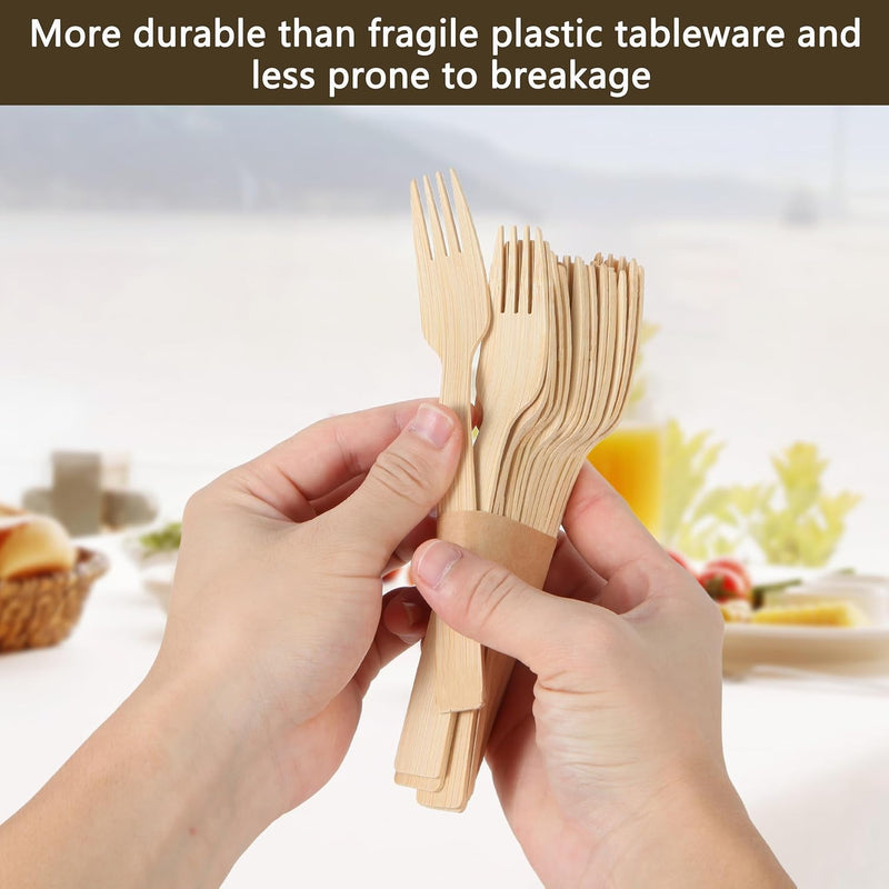 Disposable Bamboo Cutlery Set, 100% All-Natural, 200 Pieces (100 Forks, 50 Spoons, 50 Knives), Eco-Friendly Biodegradable Disposable Cutlery for Party, Camping, Weddings (200)