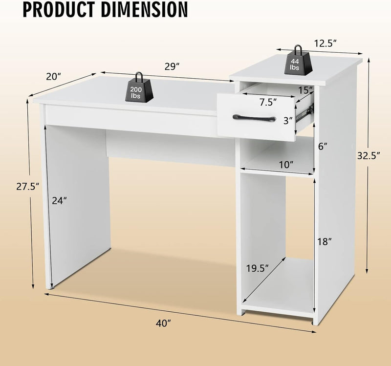 COSTWAY Computer Desk, 40 Inch Laptop PC Gaming Table with Drawer, Monitor Stand & Storage Shelf, Modern Simple Study Writing Table for Home & Office, Easy Assembly, White