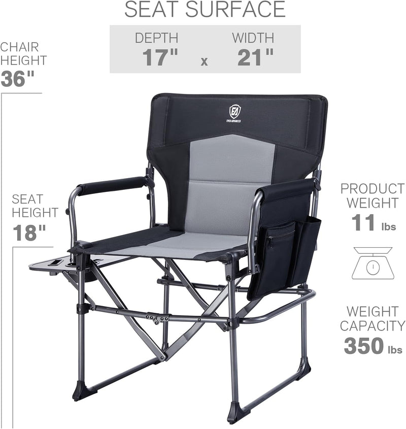 EVER ADVANCED Camping Directors' Chair with Side Table, Portable Folding Chair with Compact Size, Heavy Duty Lawn Chair with Pocket for Camping, Lawn, Sports and Fishing, 350Lbs, Black