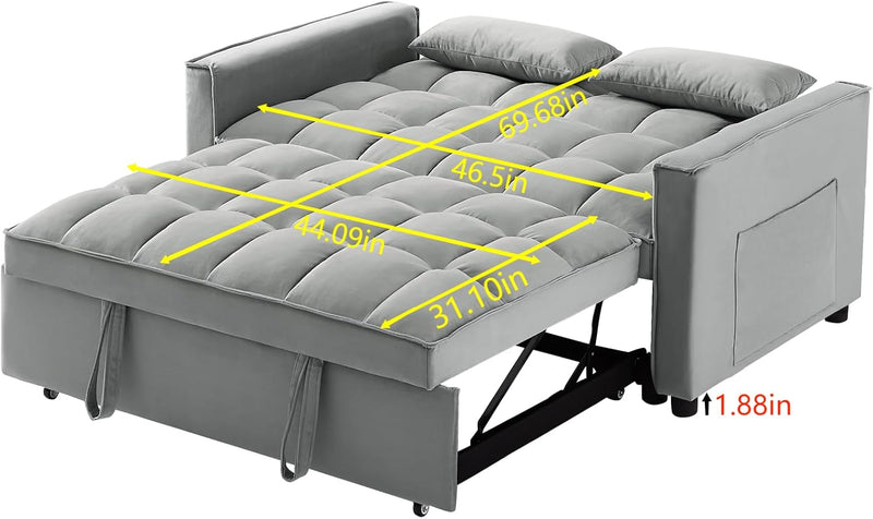 55'' Convertible Sleeper Sofa Bed, 3 in 1 Velvet Pull Out Couch Bed with Adjustable Backrest, 2 Lumbar Pillows & 2 Side Pockets, Futon Loveseat Sofa for Living Room Apartment Office (Gray)