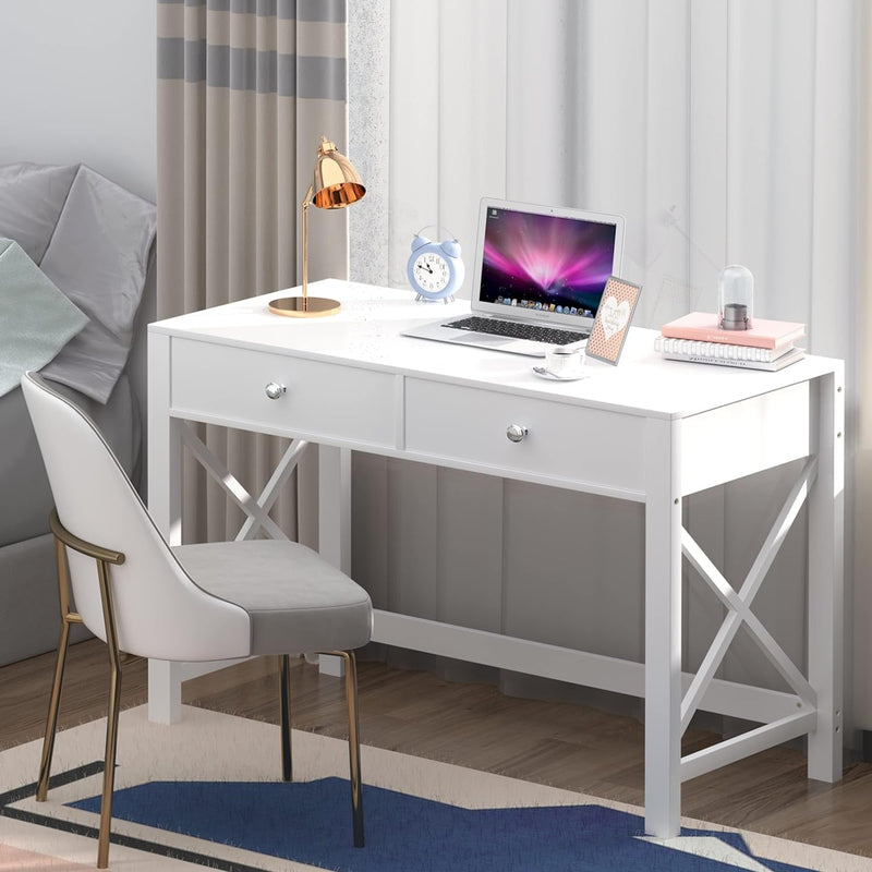 Edmaxwell Wiberwi Home Office Desk with Drawers White Modern Writing Computer Desk, Small Makeup Vanity Table Desk for Bedroom, Study Table for Home Office